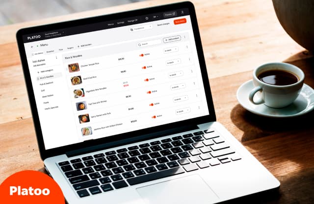 Platoo QR menu management interface on a laptop: demonstrating zero printing costs, social media integration, and real-time statistics collection