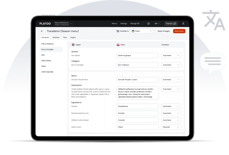 Automatic menu translation into multiple languages in the Platoo admin panel