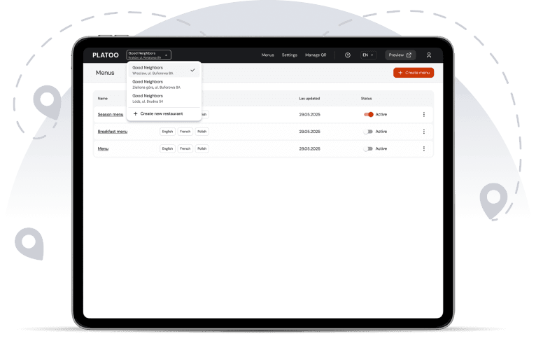 Managing menus for multiple restaurants from a single Platoo account
