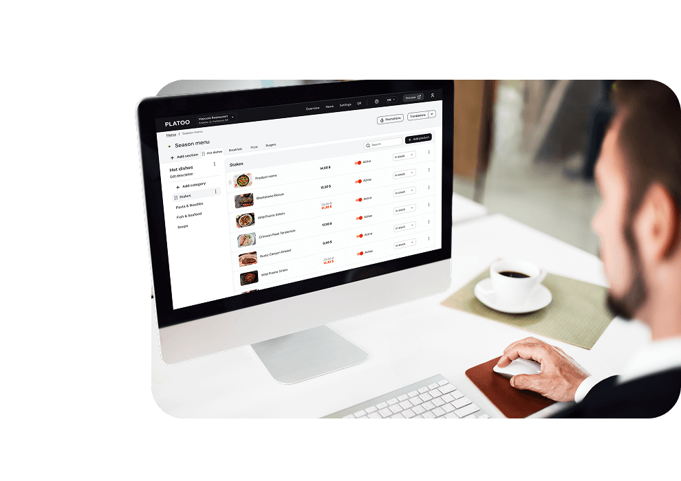 Platoo-Oberfläche — eine Plattform zur Erstellung von Restaurant-QR-Menüs mit Verwaltung von Gerichten, Preisen und Verfügbarkeit