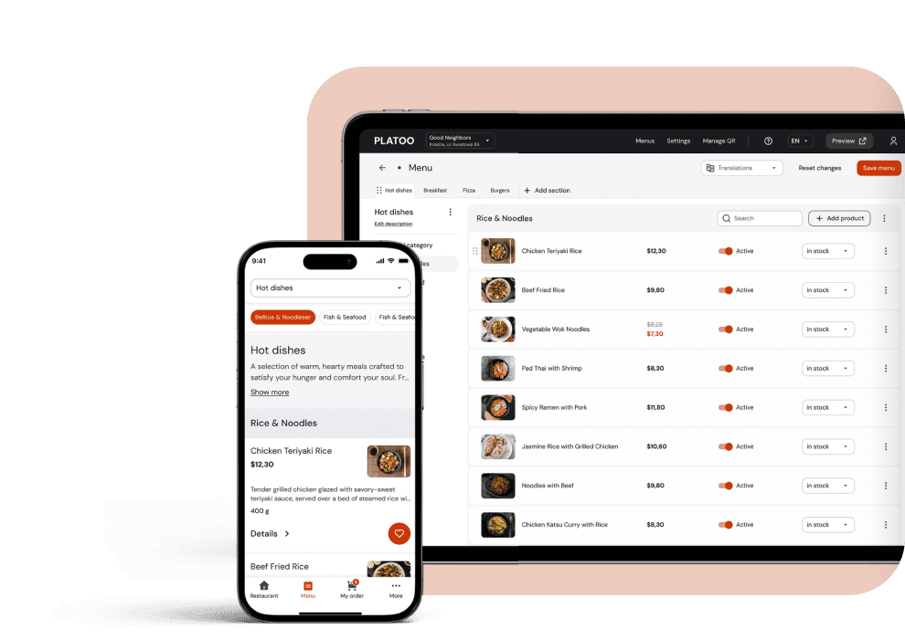 Example of a Platoo digital QR menu and the menu management interface for restaurants and venues