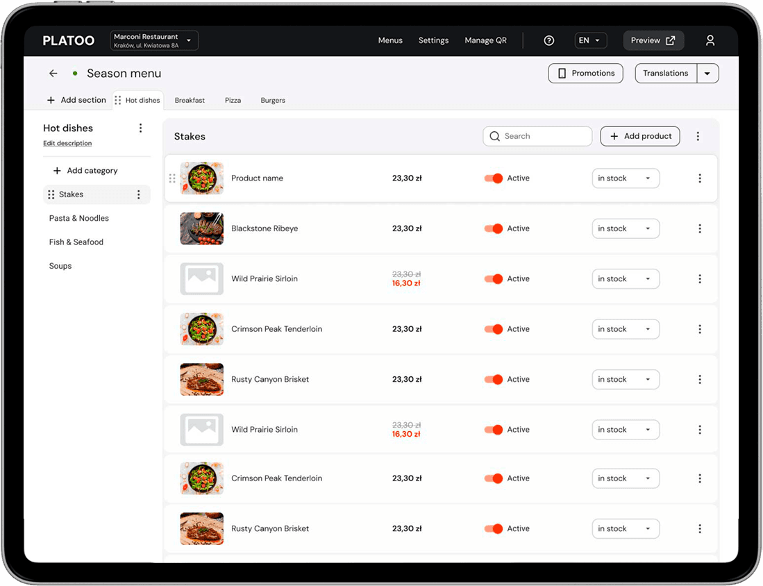 Platoo admin panel for managing QR menus and an example of a restaurant menu opened by a guest on a smartphone